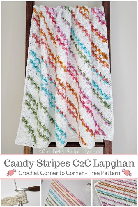 Learn to crochet corner to corner Candy Stripes Afghan, a free crochet C2C blanket pattern. #c2c #c2ccrochet #c2ccrochetblanketpattern #freecrochetpattern #freeblanketpattern #crochetblanketpattern #crochetc2c #crochetcornertocorner #c2cblanket #cornertocornerblanket #onthebias #crochet #handmadeblanket #crochetonthebias #freec2ccrochet #crochetlapghan #crochetthrow #freecornertocornercrochet #extendedmossstitch #c2cmossstitch #c2cstitches #crochetbabyblanket #crochetbabyblanketpattern Crochet C2c Blanket, C2c Blanket Pattern, Corner To Corner Crochet Blanket, C2c Blanket, Crocheted Stuff, Modern Crochet Blanket, Corner To Corner Crochet, Crochet Blanket Pattern, Easy Crochet Stitches