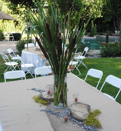 cattail centerpiece, fishing theme Fishing Theme Table Centerpieces, Fishing Centre Pieces, Fishing Table Decorations, Cattail Centerpieces, Fishing Themed Floral Arrangements, Fishing Centerpieces Ideas, Fishing Centerpieces, Fishing Weddings, Fishing Theme Center Pieces