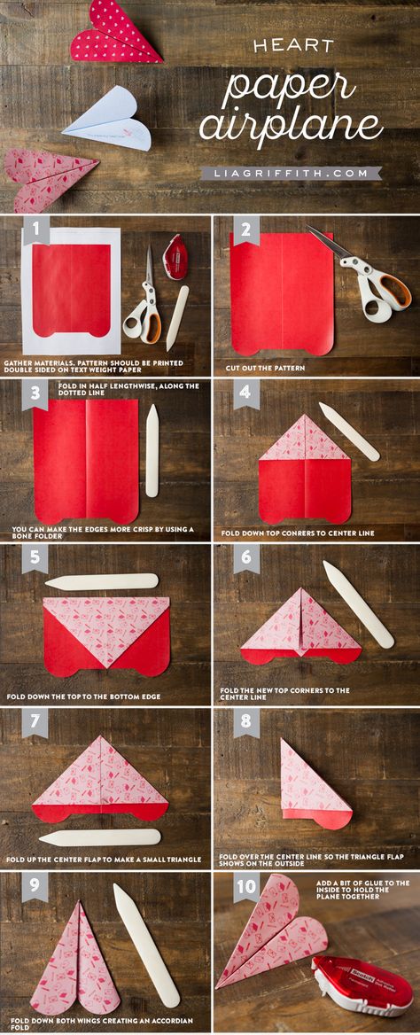 Looking for kids valentine ideas? Our mini heart paper airplane is the perfect solution. Pattern and tutorial by handcrafted lifestyle expert Lia Griffith. Plane Ideas, Vetenskapliga Experiment, Origami For Kids, Paper Bat, Heart Paper, Folding Origami, Origami Butterfly, Airplane Design, Paper Airplane