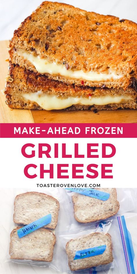 Gooey grilled cheese slices stacked on a cutting board and frozen sandwiches in bags labeled with "havarti" "pizza" and "pepper jack". Toaster Oven Grilled Cheese, Freezer Lunches, Freezer Sandwiches, Easy Lunch Idea, Baked Sandwiches, Toaster Oven Recipes, Cheese Day, Freezable Meals, Easy Bake Oven