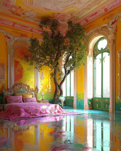 Why are we not building like this? What is stopping us? 😏 . . . #architecture #baroque #interior #bedroom #house #home #bright #colorful #aiart Vibrant House Aesthetic, Colorful Mansion, Pretty Places Nature, Colorful Bright Room Aesthetic, Bright Bedroom Aesthetic, Baroque Architecture House, Colorful Houses, Rainbow Architecture, Modern Art Deco Bedroom