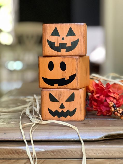 Wood Block Halloween Crafts, Pumpkin Shelf Sitter, Simple Fall Wood Crafts, Diy Wood Block Pumpkins, Wood Square Pumpkins, Decorative Wood Blocks, Wooden Pumpkin Designs, 2x10 Scrap Wood Projects, Diy Scrap Wood Halloween Projects