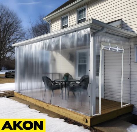 clear enclosure with PVC roll up door Patio Enclosures For Winter, Temporary Porch Enclosure Ideas, How To Enclose A Porch For Winter, Porch Enclosure Ideas For Winter, Patio Enclosure Ideas, Porch Privacy, Gazebo Curtains, Pvc Canopy, Porch Curtains