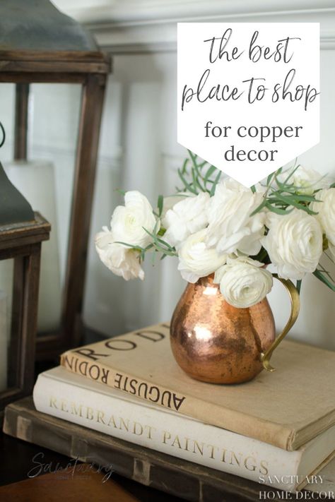 Sanctuary Decor, Sanctuary Home Decor, Sanctuary Home, Beautiful Bedrooms Master, Floral Kitchen, Neutral Fall Decor, White Ranunculus, Copper Vase, Copper Decor