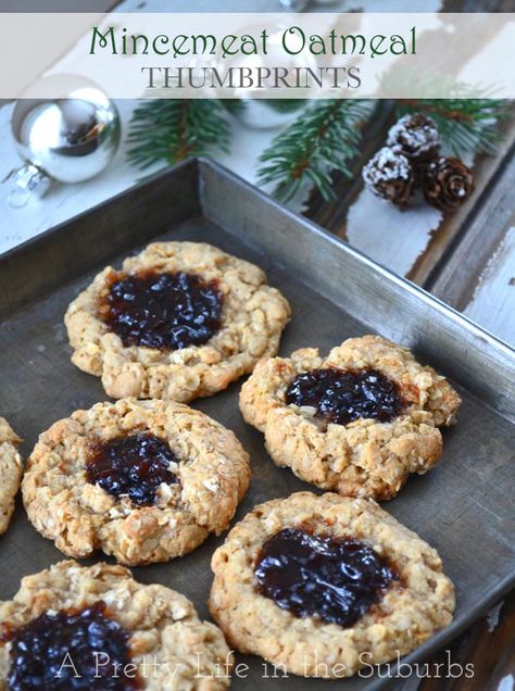 Mincemeat Oatmeal Thumbprints Oatmeal Thumbprint Cookies, Mincemeat Cookie Recipe, Oatmeal Treats, Mincemeat Recipes, Mincemeat Cookies, Decadent Cookies, Mexican Hot Chocolate Cookies, Winter Kitchen, Minced Meat Recipe