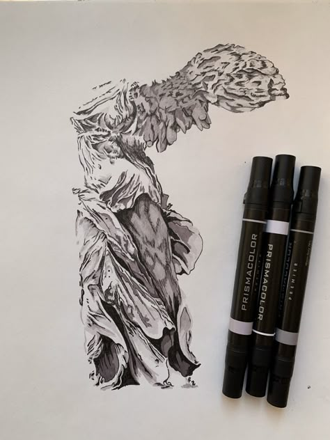 Victory Tattoo, The Winged Victory, Winged Victory Of Samothrace, Winged Victory, Painting Drawing Ideas, Aesthetic Drawings, Tattoo Inspirations, Watercolor Pencils, My Tattoos