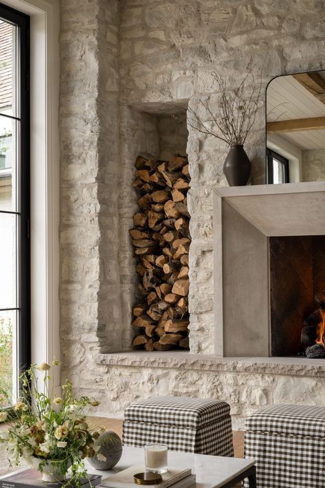 Rock Fireplaces, Modern Mountain Home, Timber Beams, Rustic Fireplaces, Hearth Room, Amber Interiors, Home Fireplace, Built In Desk, Studio Mcgee