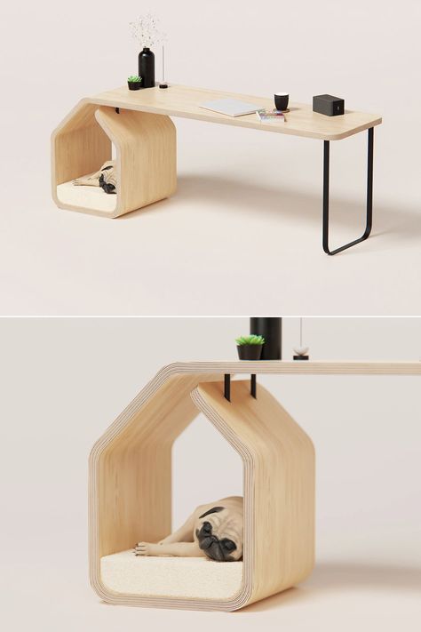 Dog Hut Desk Breaks Monotony of Pet Furniture With Fit-Anywhere Design Hanging Desk Ideas, Dog Furniture Design, Pet Interior Design, Dog Desk Bed, Dog Furniture Ideas, Pet Furniture Design, Pets Furniture Design, Desk Pet Homes, Modern Pet Furniture Dog