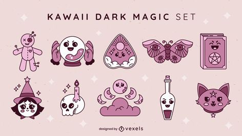 Witch Elements, Cute Witch Aesthetic, Kawaii Witch Aesthetic, Kawaii Witch, Witchy Vector Art, Kawaii Witch Art, Witch Vector Art, Spell Circle, Pastel Goth Clipart