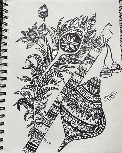 Abstract krishna doodle | Flute | Lotus | Peacock Feathers | Shankha | IG: @_artistsoul__ Shankha Design, Lotus Doodle Art, Krishna Drawing Mandala Art, Krishna Doodle Art, Flute Mandala Art, Krishna Basuri Drawing, Krishna Doodle, Mandala Art Of Lord Krishna, Basuri Flute Drawing