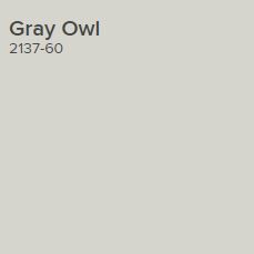 Gray Owl - Benjamin Moore. Suggested to match Dover white trim Benjamin Moore Gray Owl Bathroom, Owl Gray Benjamin Moore, Benjamin Moore Light Gray, Benjamin Moore Owl Gray, Grey Owl Benjamin Moore, Bm Grey Paint Colors, Gray Owl Benjamin Moore, Owl Oc, Gray Owl Paint