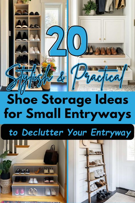 Tired of tripping over shoes? Check out these 20 smart shoe storage ideas for small entryways that help you stay organized and make the most of limited space. Perfect for anyone with a busy entryway! #ShoeStorageIdeas #SmallEntryway #HomeOrganization #SpaceSaving #Declutter Tiny House Shoe Storage Ideas, Diy Entryway Shoe Rack, Shoe Storage Ideas By Front Door, Tiny Entryway Shoe Storage, Small Mud Room Shoe Storage, Unique Shoe Rack Design, Organize Shoes In Entryway, Sneaker Storage Ideas For Small Spaces, Vintage Shoe Storage Ideas