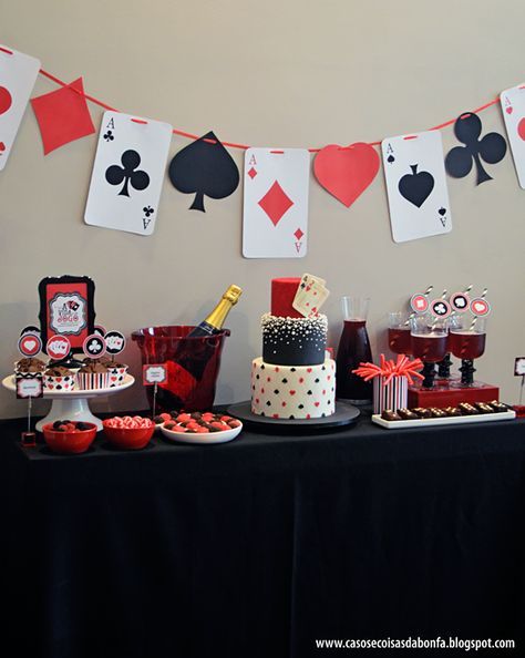 Card Game Theme Party, Cards Theme Party Decorations, Poker Night Party Decoration, Deck Of Cards Birthday Theme, Magic Party Decorations, Diy Poker Party Decorations, Casino Birthday Party Decorations, Poker Night Birthday Party, Red Black And White Birthday Party Ideas