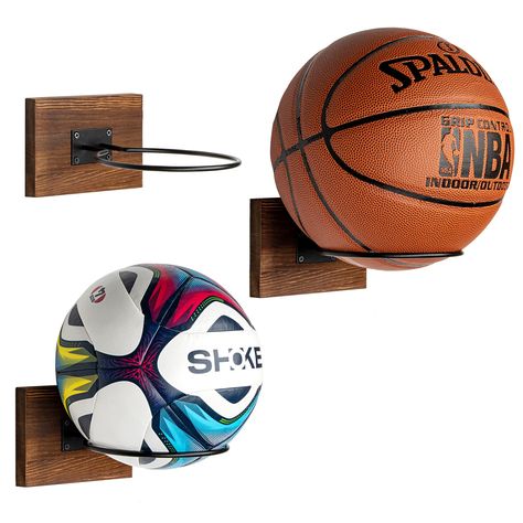 PUERSI Ball Holder Wall Mount Set of 3, Ball Storage Display Wood & Metal for Basketball Football Soccer Volleyball, Rustic Brown : Amazon.co.uk: Sports & Outdoors Ballon Basket, Basketball Holder, Room Clutter, Sports Room Decor, Basketball Room, Basketball Display, Sport Bedroom, Ball Holder, Ball Storage