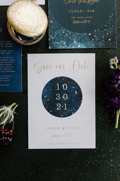 Moon Save The Date, Celestial Invitation Design, Celestial Save The Date, Celestial Wedding Invite, Celestial Wedding Decor, Starry Night Wedding Theme, Celestial Wedding Invitations, Constellation Wedding, Celestial Wedding Theme