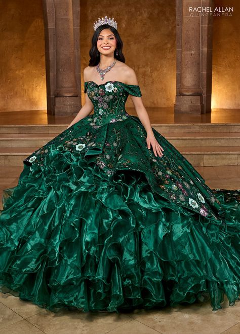 Emerald Multi Rachel Allan RQ5004 Ruffle Quinceanera Long Ball Gown for $1798.0 – The Dress Outlet Long Sleeve Quinceanera Dresses, Elaborate Embroidery, Vestido Charro, Quinceañera Dresses, After Earth, Mary's Bridal, Red Quinceanera Dresses, Black Ball Gown, Exquisite Gowns