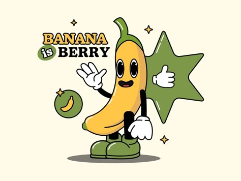 Banana Illustration Cute, Banana Character Design, Banana Illustration Design, Bananas Illustration, Logo Banana, Berry Illustration, Banana Character, Banana Logo, Banana Illustration