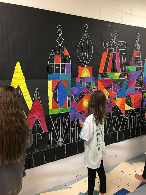 Paintbrush Rocket Small World Mural, Joey Chou, Collaborative Mural, Art Bulletin Boards, Intermediate Colors, Collaborative Art Projects, Mary Blair, It's A Small World, School Murals