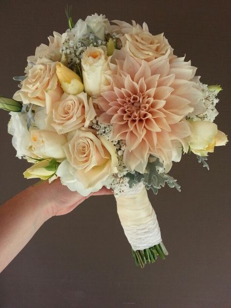 Peaches and cream wedding flowers.  Bridal bouquet with dahlias, roses,  lisianthus and babies breath Peach Flower Bouquet Wedding, Victorian Bridal Bouquet, Small Dahlia Bouquet, Wedding Bouquets Peach, Peach And Cream Wedding, Rustic Wedding Flowers Bouquet, Cream Wedding Flowers, Yellow Rose Bouquet, Peach Wedding Bouquet