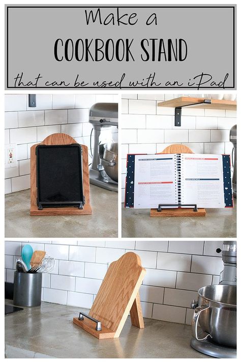 Diy Wooden Cookbook Stand, Diy Recipe Stand, Diy Wood Recipe Book Holder, Diy Cook Book Holder, Recipe Book Stand Diy, Recipe Holder Stand, Diy Kitchen Wood Projects, Cook Book Stand Diy, Recipe Book Holder Diy