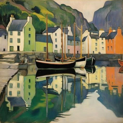 Capturing the distinctive spirit of one of Scotland's most picturesque locales, this exquisite print invites the serene charm of Portree Harbour into your space. The vibrant tableau is steeped in the distinctive stylistic flourishes of Art Nouveau, with elegant, flowing lines and harmonious natural forms. At first glance, the eye is greeted by graceful boats, their masts standing tall and proud, mirroring the verticality of Portree's quaint, colourful facades that line the calm waterfront. T... Art Nouveau Painting, Scotland Art, Scottish Painting, Isle Of Skye Scotland, Skye Scotland, Art Print Collection, Scottish Art, Boat Painting, Landscape Art Painting