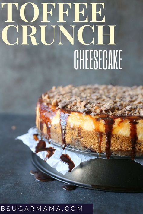 This Toffee Crunch Cheesecake recipe is covered in chocolate, caramel, and topped with lots of toffee pieces! This cheesecake recipe is sure to be your new favorite cheesecake! Toffee Crunch Cheesecake, Toffee Cheesecake, Crunch Cheesecake, Toffee Crunch, Fudge Sauce, No Sugar Foods, Beautiful Cake, Chocolate Caramel, Cheesecake Recipe