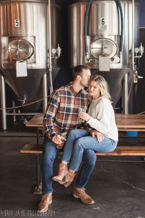 Brewery Wedding Photos, Brewery Engagement Photos, Brewery Engagement Pictures, Brewery Photoshoot, Beer Engagement Photos, Wedding Brewery, Downtown Couple, Winter Ice Skating, Engagement Posing Ideas