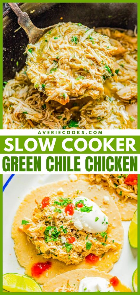 Tender, juicy, chicken that's simmered with green chiles, jalapeno, salsa verde, onions, garlic, and spices for the most FLAVORFUL and versatile green chile chicken! Use it in tacos, burritos, casseroles, sandwiches, or as a meal prep recipe. Best of all, it's SO EASY because your slow cooker does ALL the work! Cheesy Jalapeño Chicken Crockpot, Slow Cooker Green Chicken Chili, Shredded Green Chili Chicken, Salsa Verde Ranch Chicken, Green Chicken Crockpot, Green Chile Chicken Chili, Healthy Dinner Recipes Crockpot Chicken, Chicken Green Salsa Verde, Crockpot Green Chili Chicken Enchiladas