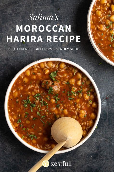 Salima Benkhalti shares her dad’s special Moroccan Harira recipe, a traditional soup used to break the fast, also known as Iftar. This recipe uses rice as an alternative to traditional vermicelli noodles to make it gluten-free. You can make a vegetarian or vegan Harira by leaving out the meat. Vegan Harira Soup, Moroccan Harira Soup, Harira Soup Morocco, Harira Recipe, Peanut Free Desserts, Harira Soup, Hearty Vegetable Soup, Vermicelli Noodles, Delicious Gluten Free Recipes