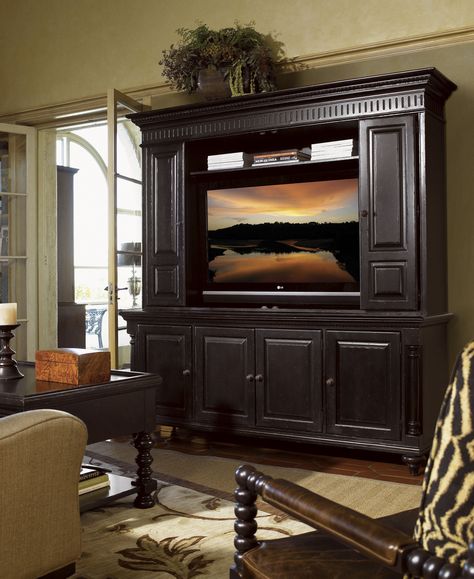 Kingstown Wellington Media Console | Lexington Home Brands Black Entertainment Center, Entertainment Center Ideas, Wood Entertainment Center, Tommy Bahama Home, Lexington Home, Entertainment Wall, Colonial Design, Black Entertainment, Entertainment Console