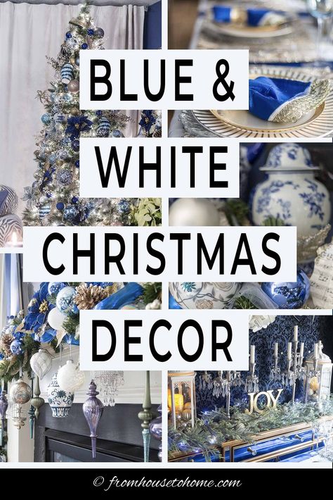 These blue and white indoor Christmas decorating ideas are so elegant! The Christmas tree decorations look gorgeous in the living room and the table setting is beautiful. #fromhousetohome #christmas #christmasdecor #blueandwhite #christmasdecoratingideas  #bluechristmas Blue And White Christmas Decor, Holiday Table Inspiration, Christmas Home Decorating, Blue And White Christmas, Blue Christmas Decor, Christmas Decorating Ideas, Christmas Organization, Gold Christmas Decorations, Christmas Mantle