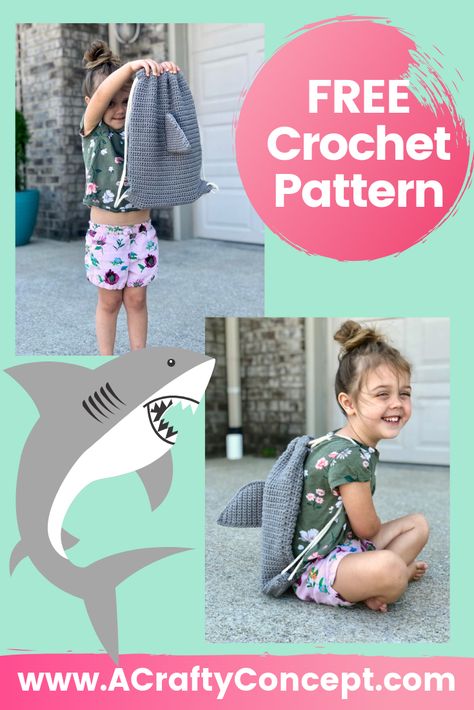 A Crochet Shark Backpack is the perfect bag for taking to pool parties, the beach, swimming lessons, the lake or anywhere else you want to arrive in style this summer! #SummerCrochetPattern Crochet Swim Bag, Crocheted Shark Pattern, Shark Bag, Shark Backpack, Crochet Shark, Crochet Backpack Pattern, Swimming Lessons, Shark Pattern, Crochet Backpack