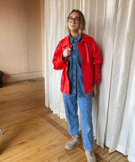 Denim on denim 
red jacket coat
all denim outfit
fall outfits
copenhagen style Red Vintage Jacket Outfit, Red And Denim Outfits, Red Denim Jacket Outfit, Blue Jacket Outfits, All Denim Outfit, Red Jacket Outfit, Vintage Jacket Outfit, Denim Outfit Fall, All Denim Outfits