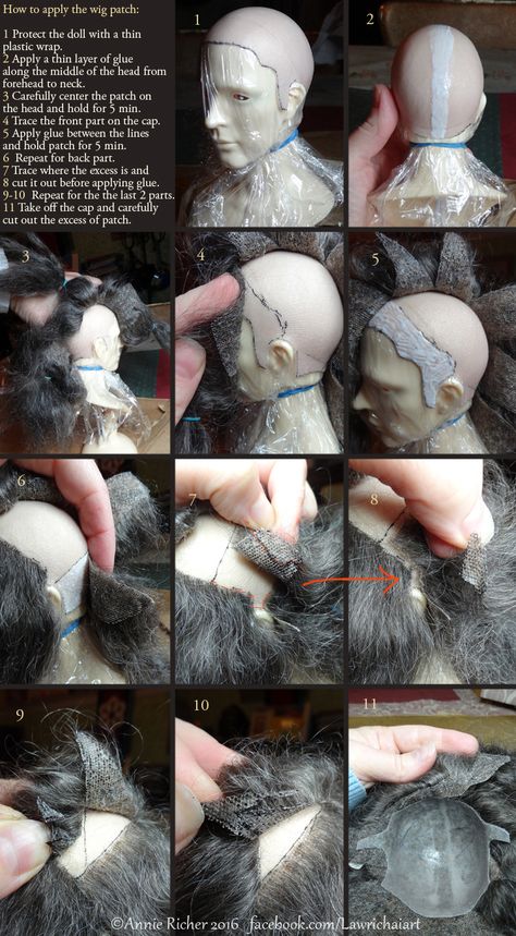 W.I.P. - BJD Mohair Wig Here is a quick rundown on how I applied the mohair patch on the headcap: Bjd Wig Tutorial, Wig Tutorial, Bjd Wig, Doll Wig, Doll Wigs, Doll Tutorial, Wig Making, Wigs, How To Apply