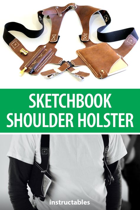 This leather shoulder holster modeled after Peaky Blinders can hold your sketchbook, pencils, and has a special detachable sharpener. #Instructables #leatherworking #art #drawing #cosplay Book Holster Diy, Book Holster Pattern, Book Holster Belt, Book Holster, Leatherworking Projects, Leatherwork Projects, Leatherworking Ideas, Leather Shoulder Holster, Shoulder Holster