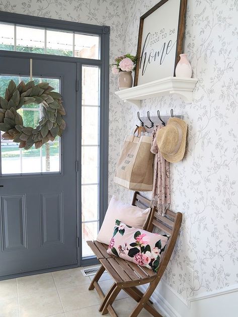 Do you want to create a more welcoming front hall? In this post, I show you how I planned and completed this front hall refresh with wallpaper. #wallpaper #floralwallpaper #diywallpaper #neutralwallpaper #springdecor Farmhouse Entryway Wallpaper, Front Hall Wallpaper, Wallpaper Entryway Ideas, Entry Way Wallpaper, Front Hall Decor, Most Beautiful Kitchens, Wallpaper Entryway, Ultimate Farmhouse, Wallpaper Foyer