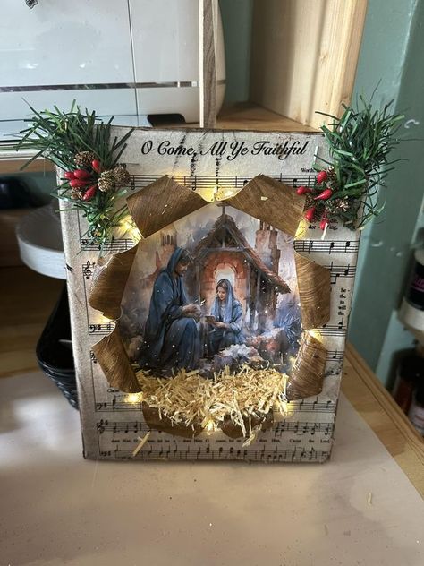 Christmas Nativity Scene Diy, Nativity Scene Pictures, Diy Christmas Canvas, Nativity Scene Diy, Decoupage On Canvas, Snow Crafts, Sheet Music Crafts, Faith Crafts, Diy Nativity