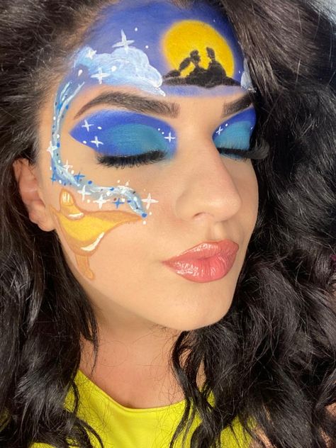 #fashion #makeup #makeuptutorial #makeupideas #makeuplooks #makeuptips #aladdin Genie Makeup, Aladdin Makeup, Themed Makeup, Mooncake Festival, Bollywood Theme, Face Painting Easy, Face Paint Makeup, Disney Makeup, Crazy Eyes