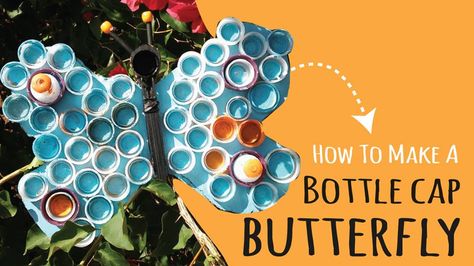 This fun kids craft using plastic bottle caps, a piece of cardboard, popsicle sticks, & beads. When you're finished display it in your room. Butterfly Kids Craft, Plastic Bottle Cap Crafts, Dinosaur Soap, Origami Butterfly Tutorial, Origami Butterfly Easy, Paper Butterfly Crafts, Diy Dinosaur, Butterfly Craft, Plastic Bottle Caps