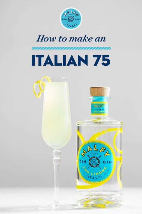 An always-elegant choice, it's hard to think that the French 75 could be improved! Enter the Italian 75, a bright and unique adaptation of the classic cocktail made with Malfy gin. Italian 75 : -1 oz Malfy Con Limone -Splash of Limoncello -top with Prosecco Combine Malfy Con Limone and Limoncello in a flute glass and stir gently. Top it off with bubbly. Cin cin! Italian 75 Cocktail, Malfy Gin Cocktails, Malfy Gin, Italian Water, French 75, Welcome To Our Home, Classic Cocktail, The Amalfi Coast, Flute Glass