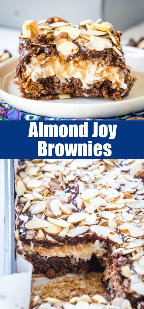 Almond Joy Brownies - The ultimate brownie treat that blends sweetened coconut, crunchy almonds, and rich chocolate ganache. Almond Joy Dessert Recipes, Almond Joy Desserts, Chocolate Cake Mix Brownies, Brownie Loaf, Almond Joy Brownies, Easy Brownie Recipes, Brownie Waffles, Dessert List, Cake Mix Brownies