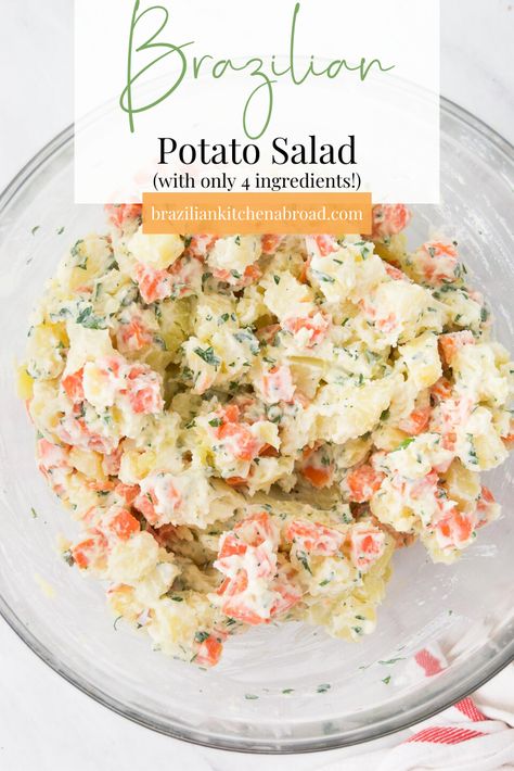 South American Salad Recipes, Colombian Potato Salad, Brazilian Steakhouse Sides, Brazilian Sides Recipes, Portuguese Potato Salad, Brazilian Food Recipes Easy, Brazilian Salad Recipes, Brazilian Potatoes, Authentic Brazilian Food Recipes