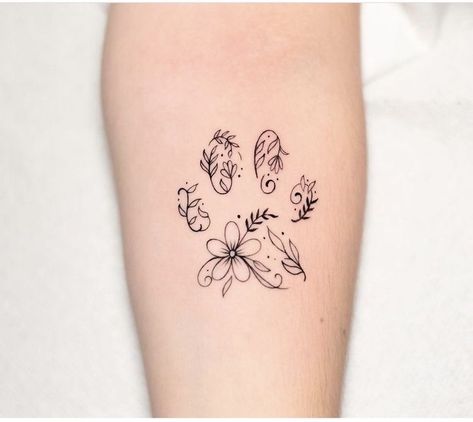 Dog Tattoo 3 Dogs, Paw Print Vine Tattoo, Simple Tattoos Dog, Pet Tatoos Ideas, Paw Flower Tattoo, Paw Print Flower Tattoo, Dainty Dog Tattoos, Top Of Foot Tattoos For Women, Dog Tattoo Ideas For Women