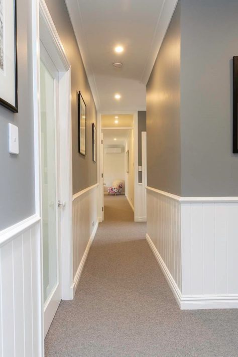 A renovation to impress shows using Beadboard Wainscoting and creative use of VJ Wall Panelling. Beadboard Half Wall, Vj Board, Rustic Wainscoting, Shiplap Entryway, Hallway Panelling, Cottage Hallway, Beadboard Wall, Wainscoting Hallway, White Beadboard