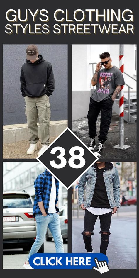 Elevate your streetwear game with these 38 stylish clothing styles for guys! Explore trendy streetwear looks to express your unique fashion sense on the urban scene. #Streetwear #MensFashion #UrbanStyle Men Skater Style Street Fashion, 25 Year Old Fashion Outfits Men, Highschool Boy Outfits, Grunge Outfits For Men, Men Baggy Jeans Outfit, Men Streetwear Outfits Urban Fashion, Clothing Styles For Guys, Sneakers Men Outfit, Clothing Styles Streetwear