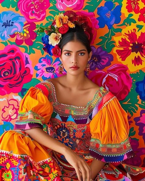 Mexican Fashion, Flowers In Her Hair, Mexican Style, Real People, Colorful Fashion, Her Hair, Orange, Floral, Flowers