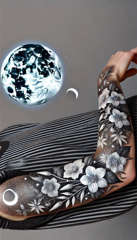 Black Out Tattoo With White Ink Cover Up, Moon Garden Tattoo, Spiritual Tattoo Sleeve Women, Full Sleeve Cover Up Tattoo, Black Out Tattoo With White Ink, Full Floral Sleeve Tattoo, Moon Sleeve Tattoo, Moon Tattoo Sleeve, Moonflower Tattoo