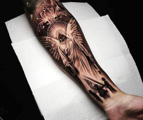 Angel On Forearm Tattoo, Angel Half Sleeve Tattoo Men, Angel Sleeve Tattoo Mens, Christian Sleeve Tattoo Men, Angle Tattoo For Men, Outer Forearm Tattoo Men, Angel Sleeve Tattoo, Angle Tattoo, Mens Body Tattoos