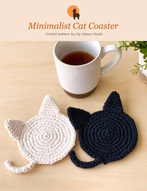 An easy Crochet Pattern, Instant Download PDF, fully illustrated & printer friendly document. A Purr-fect handmade gift for cat lovers! Available in ready-to-ship product as well. Check out Etsy shop @MyAlpacaStudio for more options. #homedecor #crochettabledecor #modernfarmhouse #crochetcat #amigurumicoasters #amigurumicat #kittymugrug Crocheted Coasters, Quick Crochet Projects, Crochet With Cotton Yarn, Cozy Crochet Patterns, Diy Table Decor, Cat Coasters, Crochet Coaster Pattern, Crochet Simple, Quick Crochet