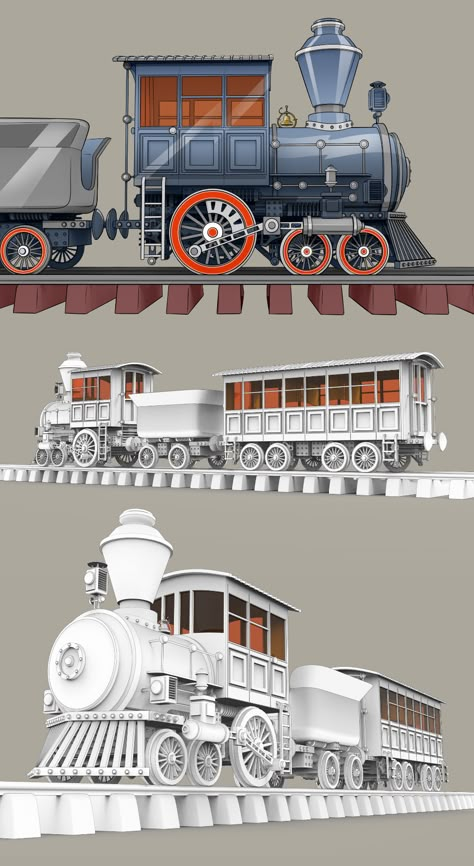 ArtStation - steam-train plan for comic, István Ábrahám Steam Trains Drawing, Steam Train Drawing, Train Reference, Vintage Train Illustration, Old Train Pictures, Train Blueprint, Fantasy Train, Steam Train Game Art, Steam Train Illustration